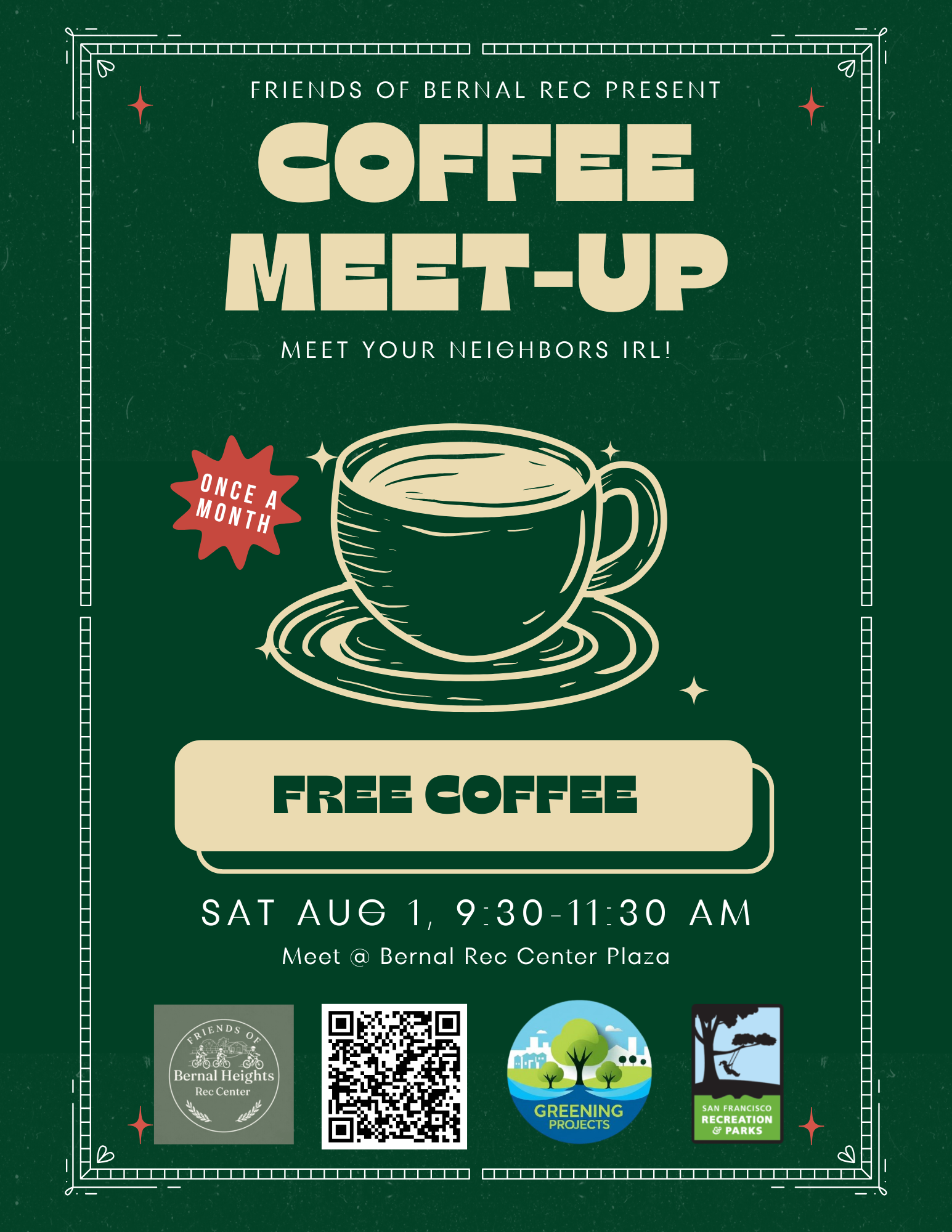 You’re Invited: Bernal Heights Rec Center Plaza August Coffee Meet-Up!